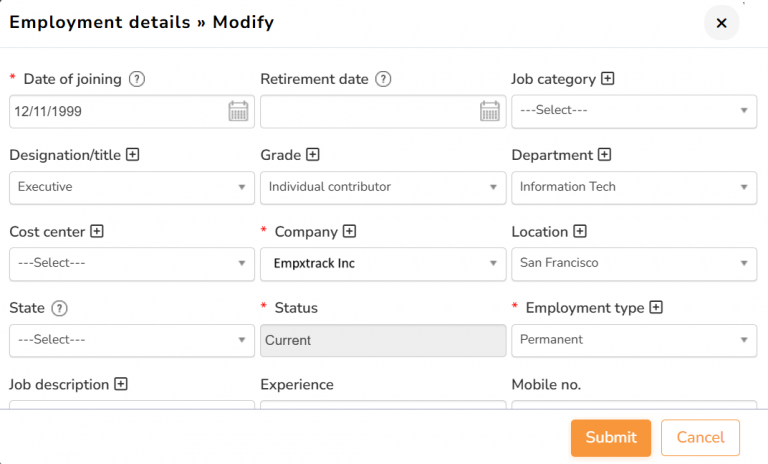 Edit Employee Basic Details - Empxtrack