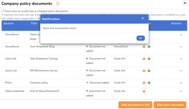 Setup Policy Documents and Quick Links - Empxtrack