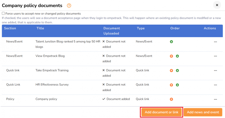Setup Policy Documents and Quick Links - Empxtrack