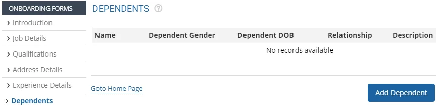 Fill Onboarding Dependent Details Form